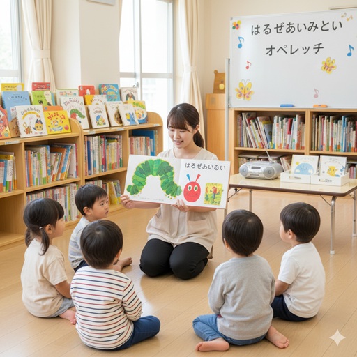 保育室で保育士が子どもたちに「はらぺこあおむし」の絵本を読み聞かせしている場面。
