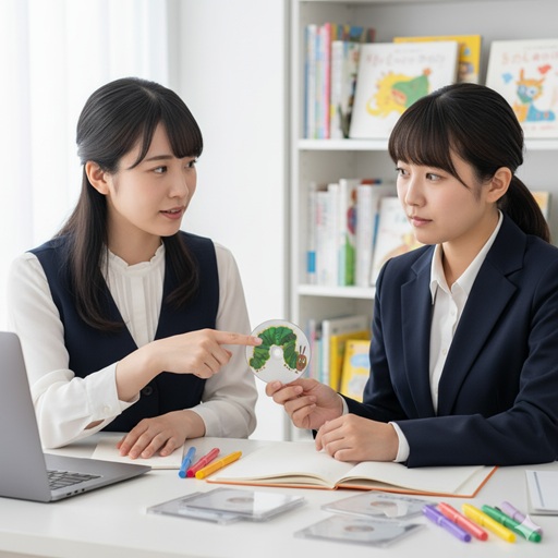 保育士2人が「はらぺこあおむし」のCDを指差してオペレッタの計画を立てている場面。