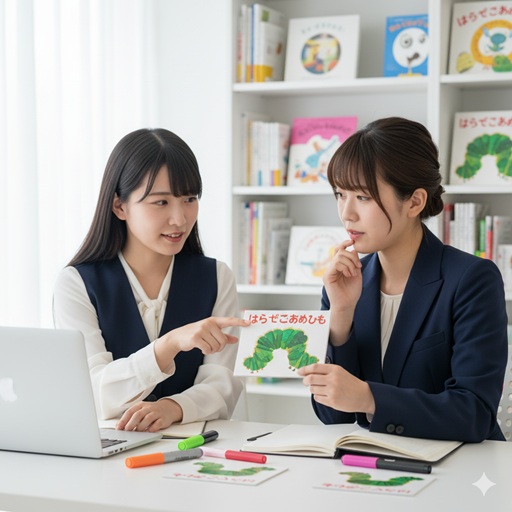 保育士2人が「はらぺこあおむし」のイラストカードを見ながらオペレッタの打ち合わせをしている。