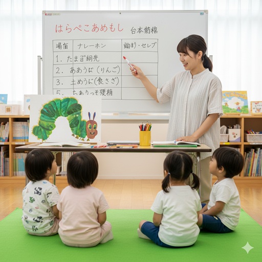 保育士がホワイトボードの台本構成を見せながら、子どもたちにオペレッタの場面を説明している。