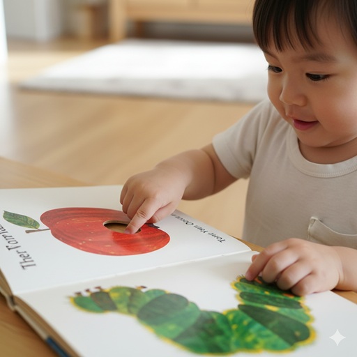 はらぺこあおむし』のりんごのページの穴に指を入れる子ども