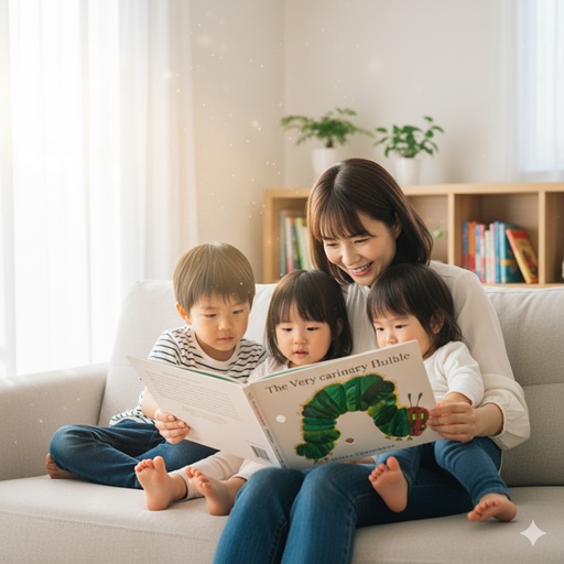 ソファで『はらぺこあおむし』の絵本を読む母親と3人の子どもたち