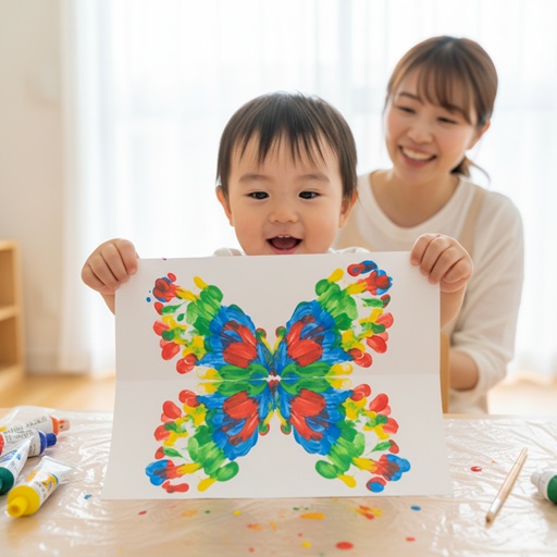 画用紙を開いてデカルコマニーの左右対称の模様に驚く子どもの手元