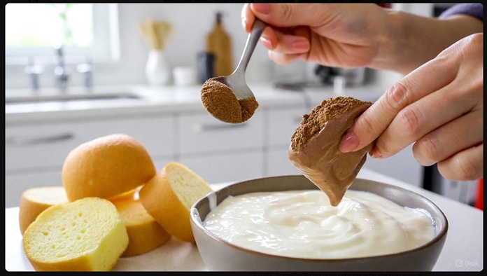 水切りヨーグルトとキャロブパウダーを使って1歳児用の安全なチョコ風クリームを作っている様子