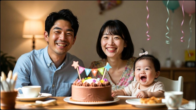 手作りの再現ケーキを囲んで1歳の誕生日を祝う笑顔の日本人家族のお祝い風景