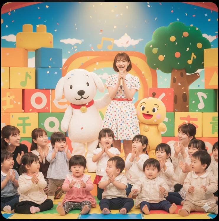 幼児番組のおねえさんが、大きなぬいぐるみ（ワンワンやうーたんを連想させるキャラクター）と一緒に、子どもたちに向けて楽しそうに歌うステージの様子