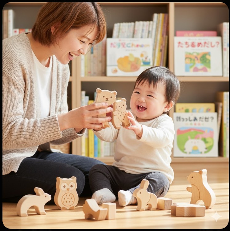 笑顔の日本人の母親が、床に座って赤ちゃんにオークヴィレッジの木製『森のどうぶつみき』を見せている。赤ちゃんはそれを掴もうと楽しそうに手を伸ばし、周りには他の動物の積み木が並んでいる。