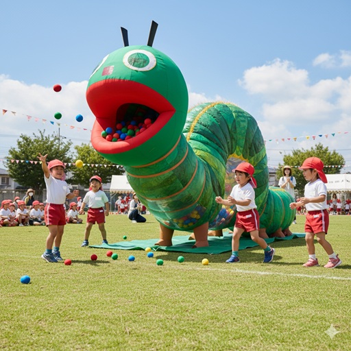 はらぺこあおむしの顔に装飾された運動会の玉入れカゴと、食べ物に見立てたカラフルな玉