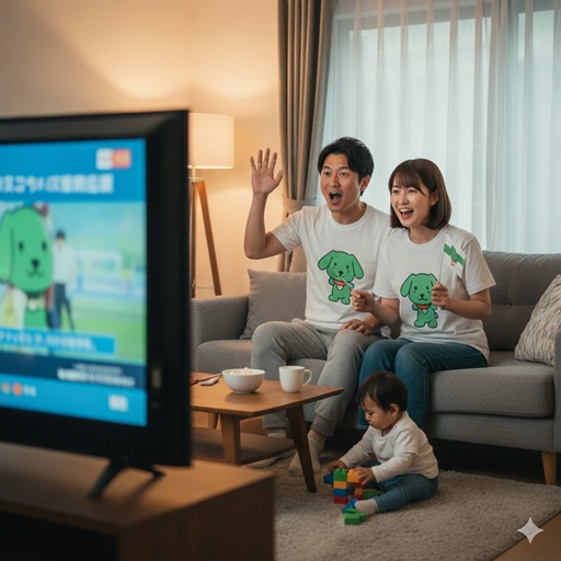 リビングで子供よりも真剣な眼差しでテレビ番組に見入る日本の両親の様子。番組への熱量と「ガチ勢」ぶりを表現。
