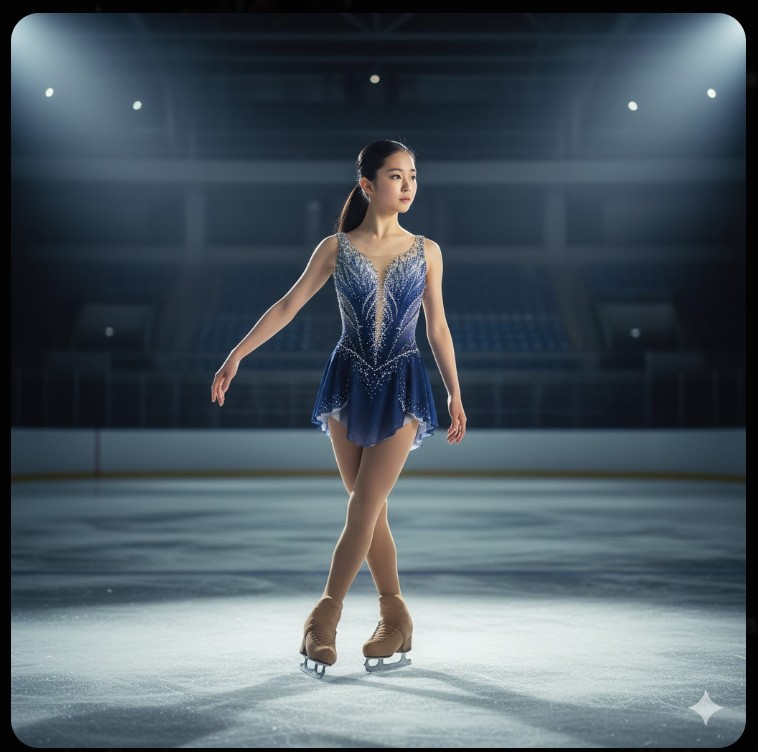 スケートリンクでフィギュアスケートの衣装を着て、真剣な表情でポーズをとる若い女性の姿。過去のキャリアと女優デビューを結びつけるイメージ