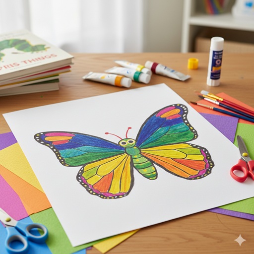 はらぺこあおむし風のカラフルなちょうちょの画用紙工作の完成品