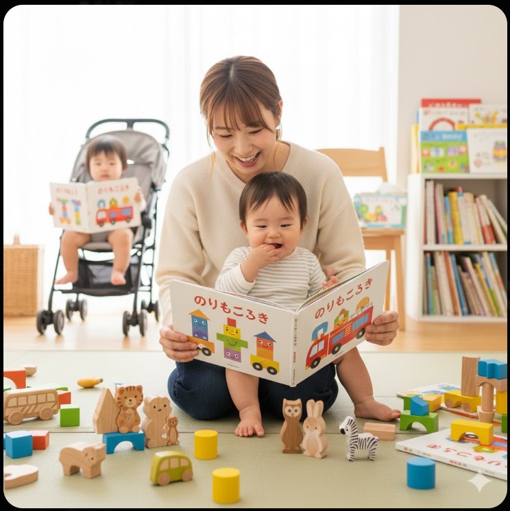 日本人の母親が床に座って、膝に乗せた赤ちゃんに厚紙のボードブック絵本を読み聞かせている。赤ちゃんは絵本に手を伸ばし、楽しそうにしている。周りには知育玩具が散らばっている。