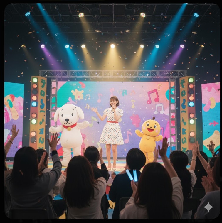 大人になった「ふうか」が、現在もステージショーで明るくマイクを持っている様子。背景はコンサートホールのステージ