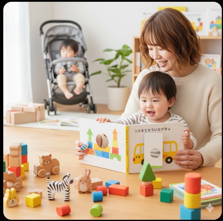 日本人の母親と赤ちゃんが、積み木が顔のように見える仕掛け絵本を見ている。赤ちゃんは絵本のカラフルな積み木に興味津々で、動物のミニチュアおもちゃも近くにある。
