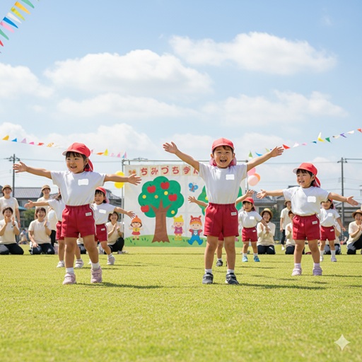4歳・5歳児が運動会のフィナーレで、カラフルな蝶の羽をつけてダンスを踊っている様子