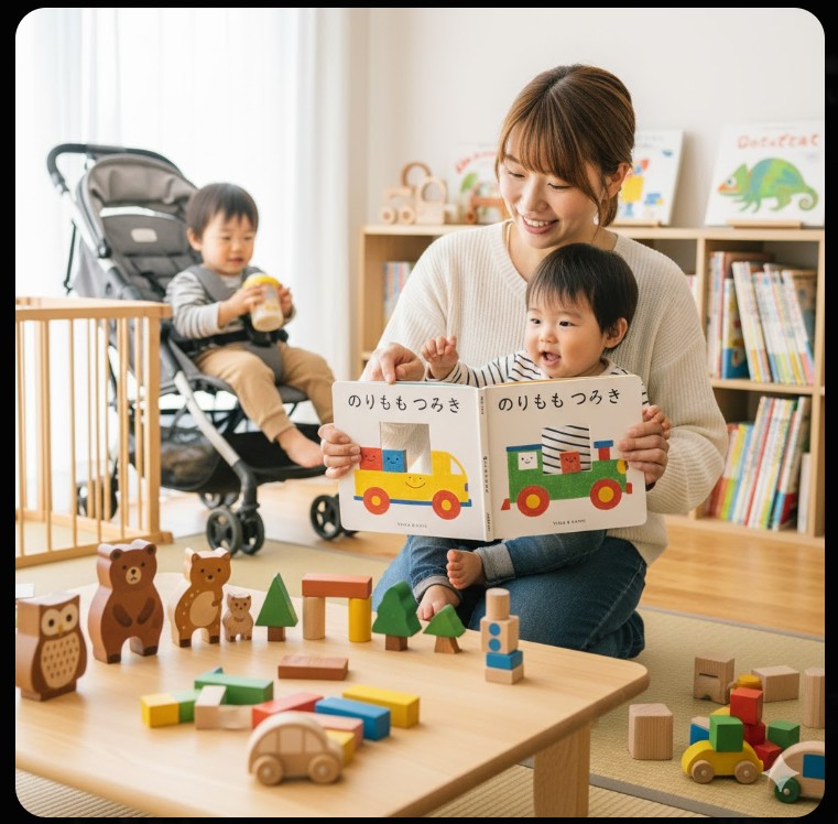 日本人の母親が床に座り、子どもに米津祐介さんの絵本『のりもの つみき』をめくって見せている。絵本の中の積み木が乗り物に変身する様子がわかる。周りには木製積み木が配置されている。