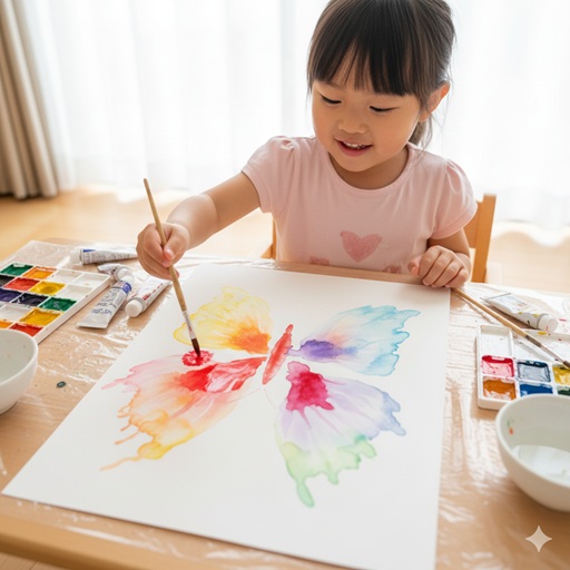 湿らせた画用紙に絵の具を垂らし、色がじわっとにじむ様子(にじみ絵)