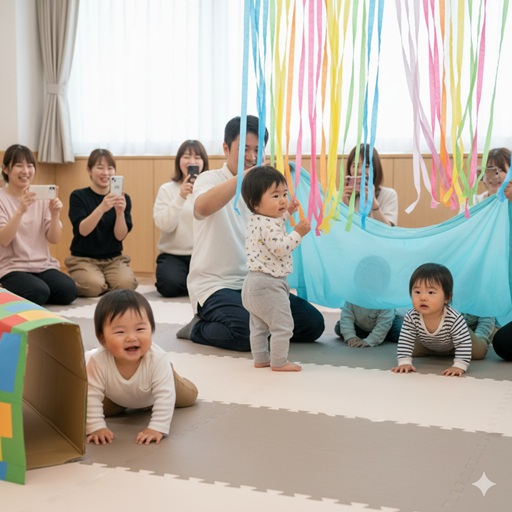 - 保育園の室内で、保護者が見守る中、複数の赤ちゃんが活動を楽しんでいる。一人の赤ちゃんは色鮮やかな飾り付けがされた段ボールトンネルから笑顔で顔を出し、別の赤ちゃんは虹色のリボンと水色の布で作られたカーテンをくぐろうとしている。
画像7