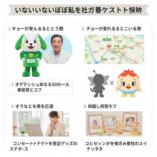 ステージに立つ緑と白の犬のキャラクターと、その背後に重なる優しく微笑むベテラン男性のイメージ。キャラクターに宿る「魂」と演じ手の存在感を表現。