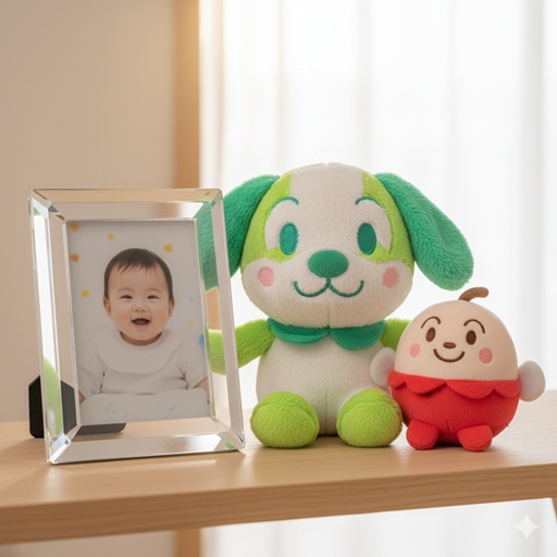 ガチ勢の自宅棚に飾られた高級なクリスタルフォトフレームと、大切に並べられた緑色の犬のぬいぐるみや小さなキャラクター人形。限定グッズの希少価値と愛着を表現。