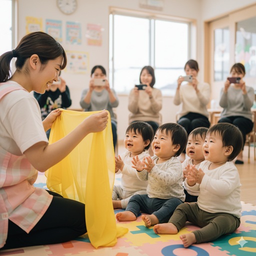 - 保育士が黄色い布を使って赤ちゃんたちと「いないいないばあ」の遊びをしている。赤ちゃんたちは床に座って楽しそうに笑い、手を叩いている。後方には、スマートフォンで撮影する保護者たちが座っている。