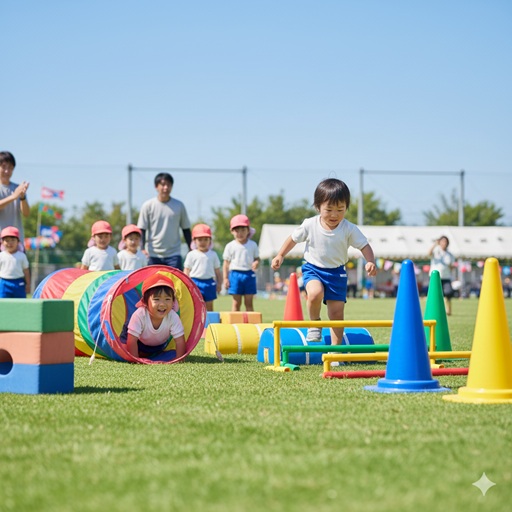 3歳児が運動会の障害物競走で、りんごや梨の形をした食べ物トンネルを笑顔でくぐっている様子