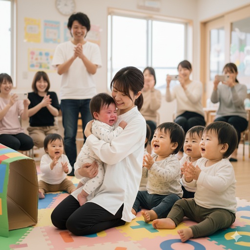 - 0歳児の発表会で、保育士が泣いている赤ちゃんを優しく抱きしめながら、他の楽しそうに拍手をする赤ちゃんたちと保護者たちの前にいる。保護者たちは笑顔で拍手をしたり、スマートフォンで写真を撮ったりしている。