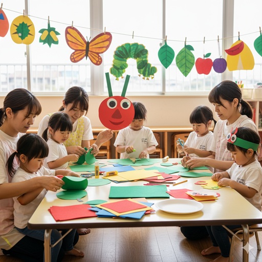 画用紙や不織布で作った「はらぺこあおむし」の帽子や蝶の羽などの運動会用製作物