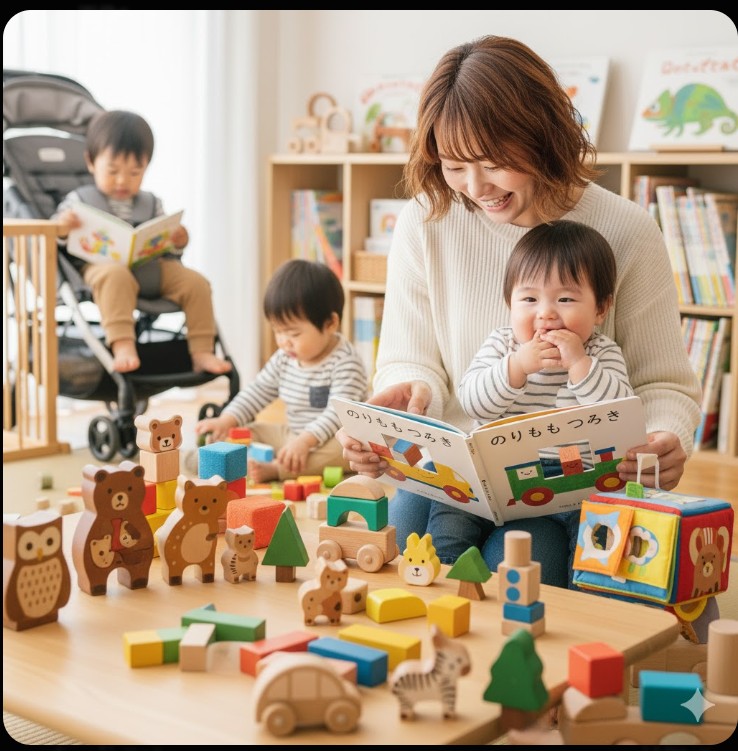 日本人の母親が複数の乳幼児に囲まれ、一人の赤ちゃんに絵本を読み聞かせている。手前には様々な形や動物モチーフの木製積み木と布製おもちゃが置かれ、子どもたちがそれぞれ異なる遊びに夢中になっている。