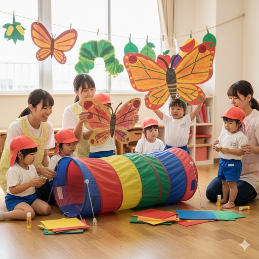 運動会で使える、段ボールで作られたりんごや梨の食べ物トンネルと、カラフルな蝶の羽の製作物