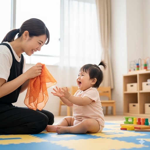 - 明るい保育室で、若い女性の保育士がオレンジ色の布を使い、座っている赤ちゃんと「いないいないばあ」をしている。赤ちゃんは満面の笑みを浮かべ、両手を広げて喜んでいる。
画像3