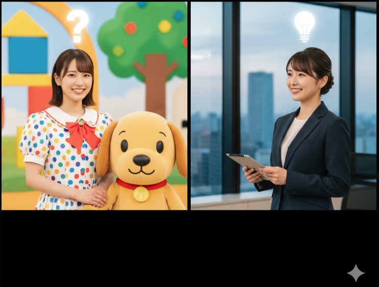 子ども向け番組のおねえさんと、キャリアウーマン風の女優の二人の女性が、それぞれ疑問符と笑顔を浮かべている様子の比較イメージ