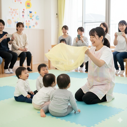 - 保育室で、保育士が複数の0歳児の赤ちゃんと保護者の前で、黄色いシフォン布を使って「いないいないばあ」の遊びを披露している様子。赤ちゃんたちは楽しそうに笑い、保護者たちはスマートフォンでその様子を撮影している。