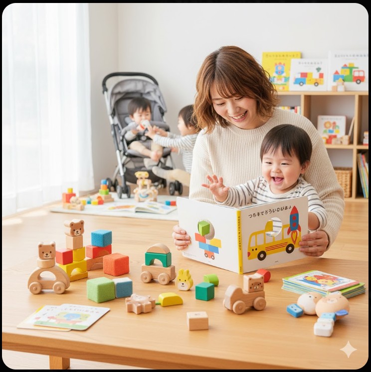 笑顔の若い母親が、積み木やおもちゃに囲まれた部屋で、日本の赤ちゃんに仕掛け絵本『のりもの つみき』を読み聞かせている様子。赤ちゃんは楽しそうに手を伸ばしている。
