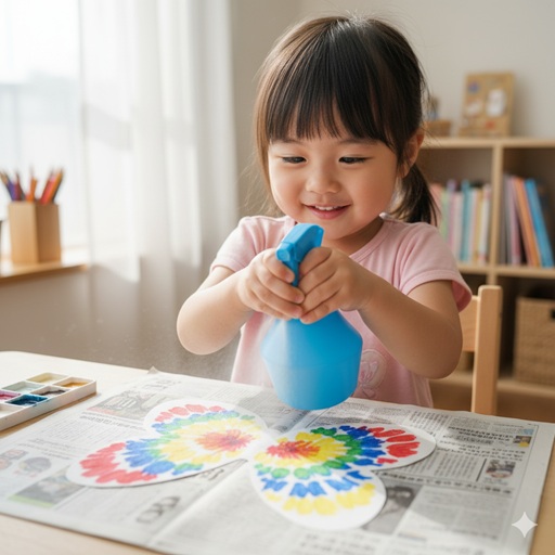 * コーヒーフィルターに霧吹きで水をかけ、にじみ絵を製作している様子