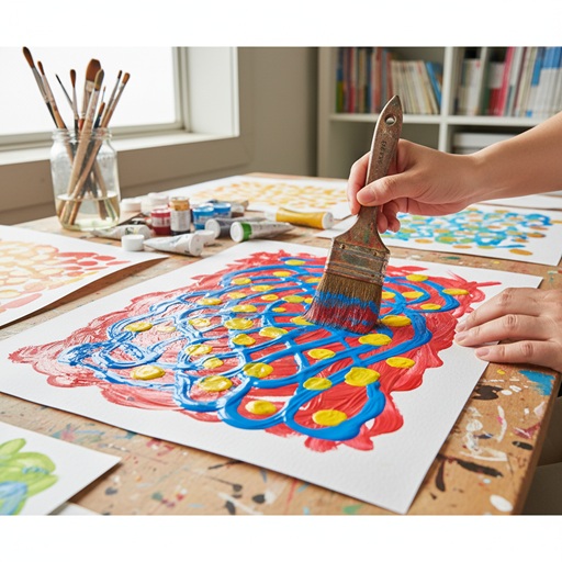 エリック・カール風コラージュのため、画用紙に筆跡やムラを残して絵の具を塗る様子