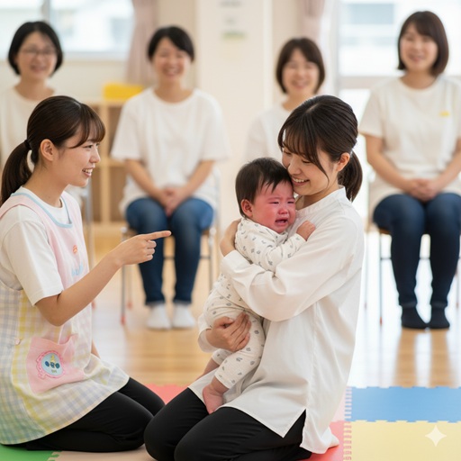 - 保育園の発表会で、母親らしき女性に抱かれた赤ちゃんが泣いている。隣の保育士は笑顔で赤ちゃんを指差し、保護者たちに何かを説明している。