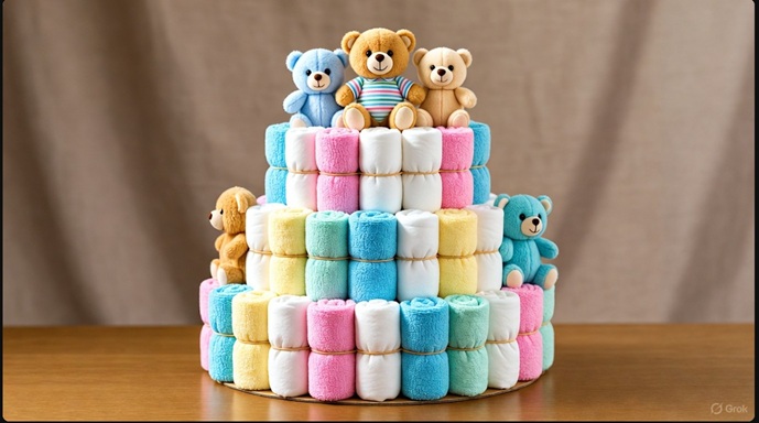 出産祝いとしてラッピングされた、おむつやタオルで作られた可愛いおむつケーキ