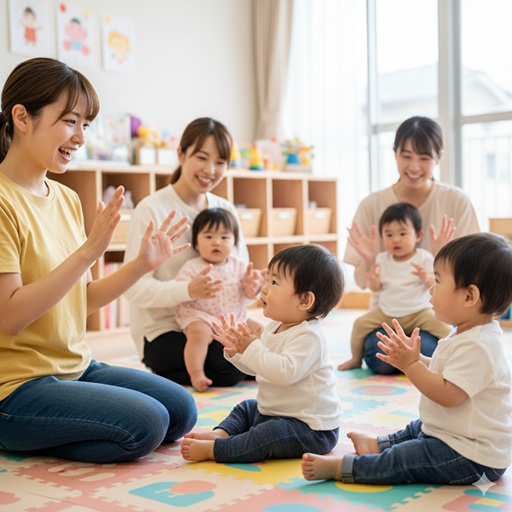 - 保育室で、保育士が複数の0歳児の赤ちゃんと保護者と一緒に手遊びを楽しんでいる。赤ちゃんたちは床に座って手を叩き、保護者たちは赤ちゃんを抱きながら笑顔で参加している