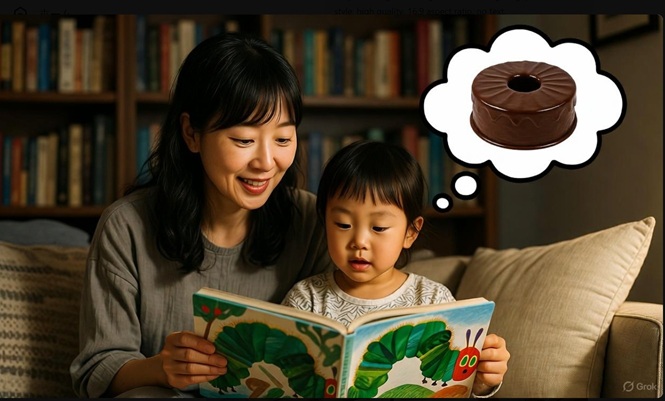 『はらぺこあおむし』の絵本を読みながらチョコレートケーキを想像して楽しむ日本人の親子