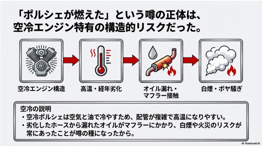 空冷ポルシェの構造的リスクと車両火災の噂に関する技術的メカニズムの図解