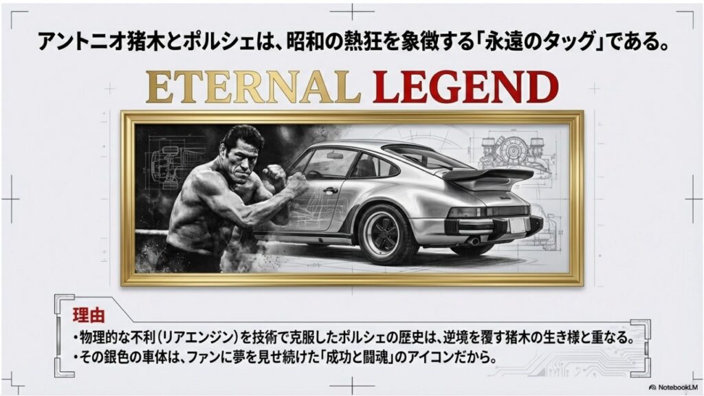 昭和の熱狂を象徴するアントニオ猪木さんとポルシェの「永遠のタッグ」を表現したイメージ画像