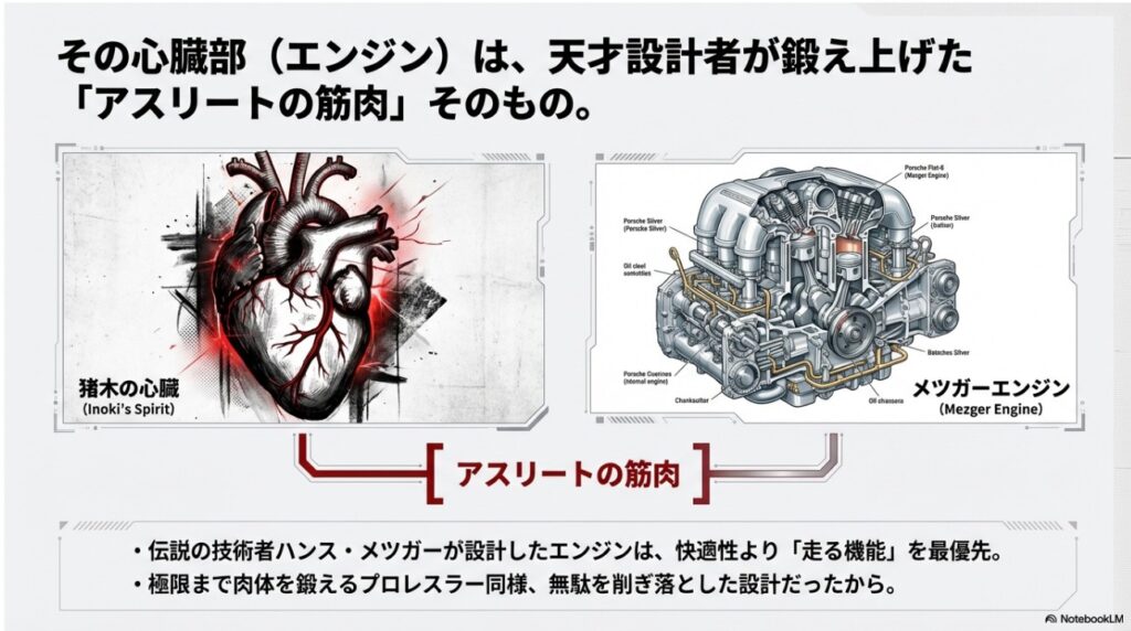 ハンス・メツガーさんが設計したメツガーエンジンとアントニオ猪木さんのアスリートの筋肉の比較図