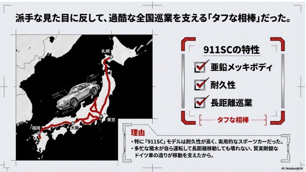 全国各地の巡業を支えたポルシェ911SCの耐久性と実用性を解説する日本マップ