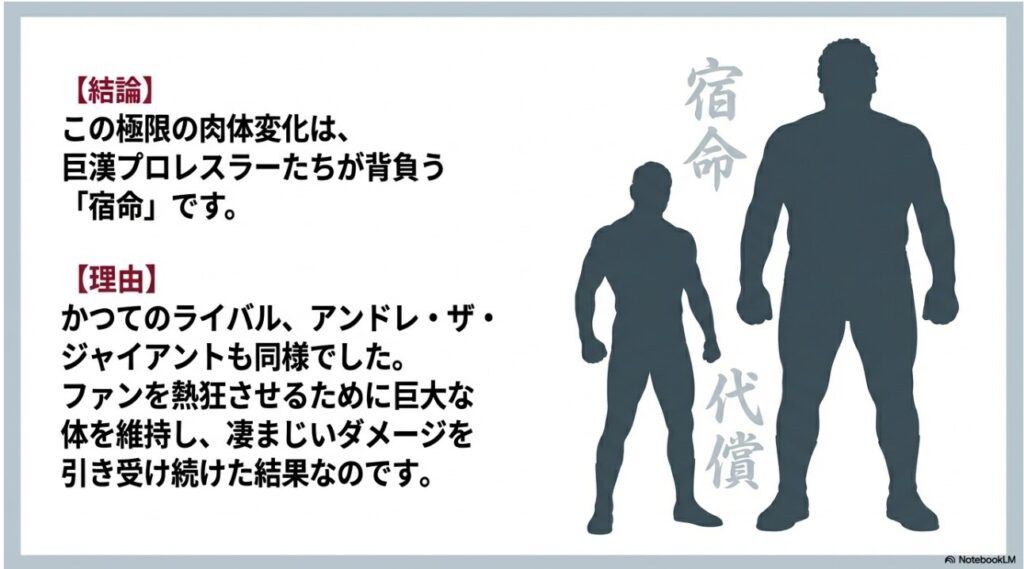 アンドレ・ザ・ジャイアントさんと巨漢プロレスラーが背負う身体変化の宿命を表現した画像