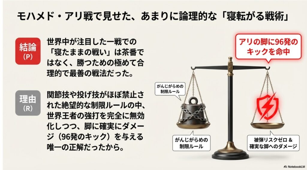 モハメド・アリ戦での制限ルールと被弾リスク最小化を両立させた合理的な戦術の天秤図