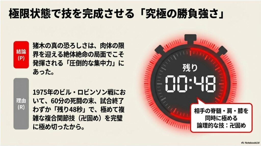 ビル・ロビンソン戦で残り48秒から卍固めを極めた究極の勝負強さを表すイメージ
