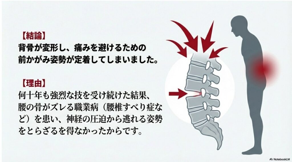 腰椎すべり症などの職業病による背骨の変形と痛みを避ける前かがみ姿勢の図解