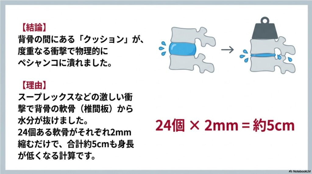 度重なる衝撃で椎間板が潰れ身長が合計約5cm低くなる計算を示した図解