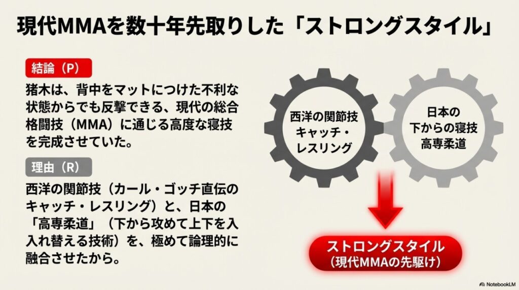 西洋のキャッチ・レスリングと日本の高専柔道が融合したストロングスタイルの構造図